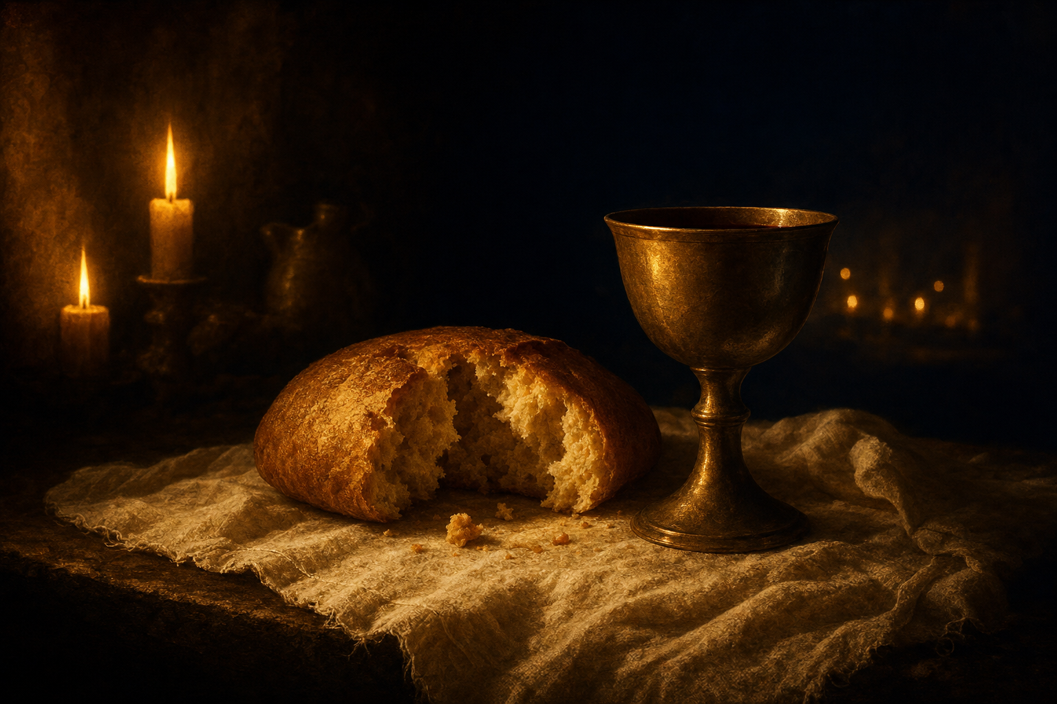 Broken bread and a chalice on white linen in candlelight