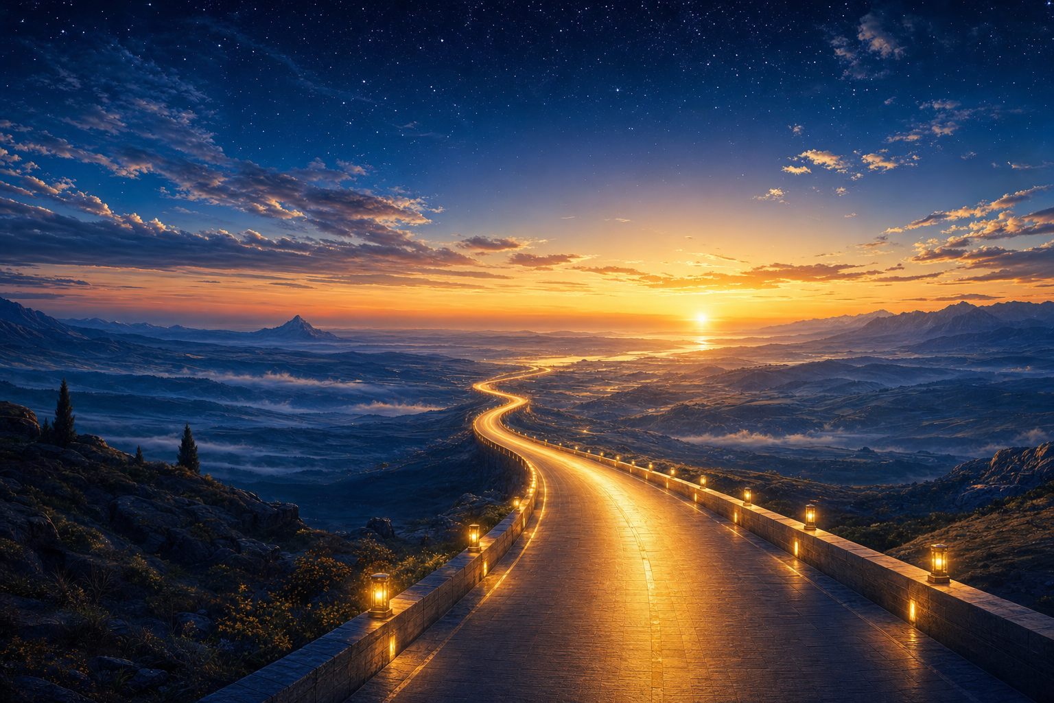 A luminous highway curving toward a glowing dawn horizon