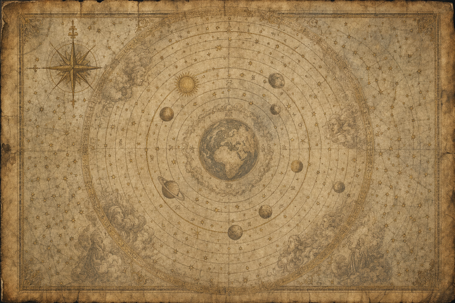 An antique medieval map of a geocentric solar system on aged parchment