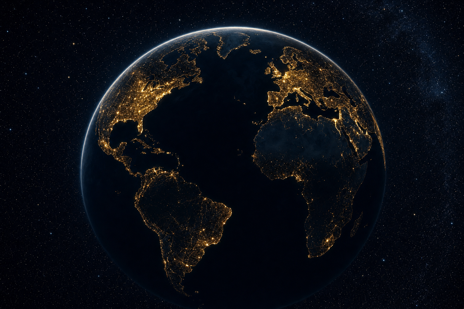 The earth at night seen from space, continents traced in golden city lights