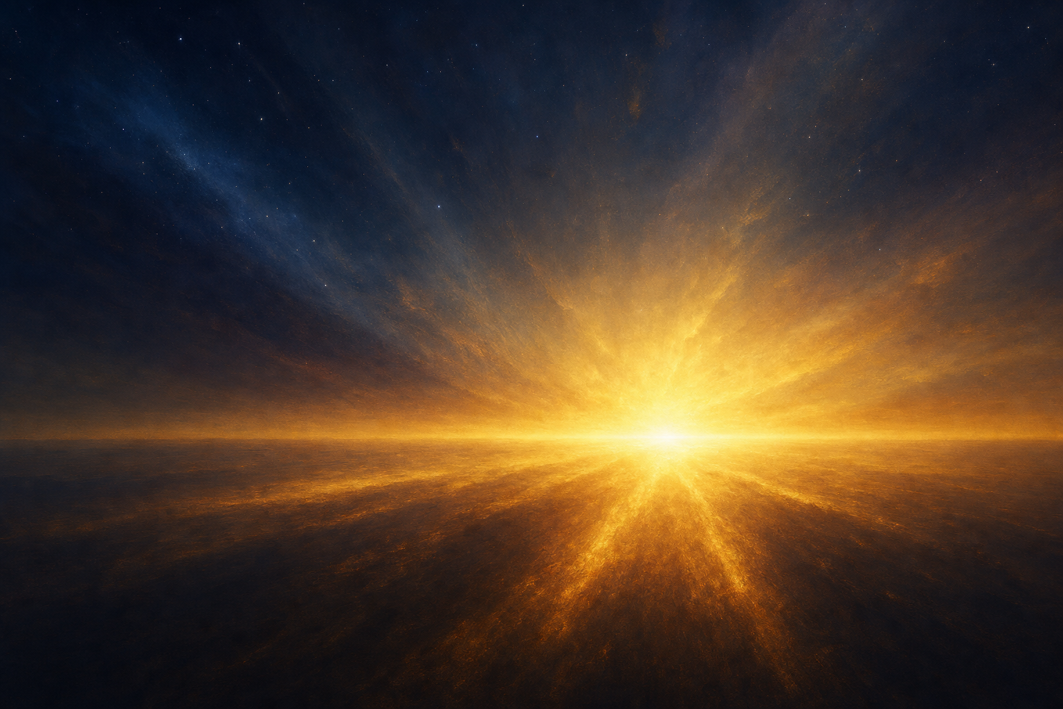 Golden light breaking through deep darkness across a vast horizon